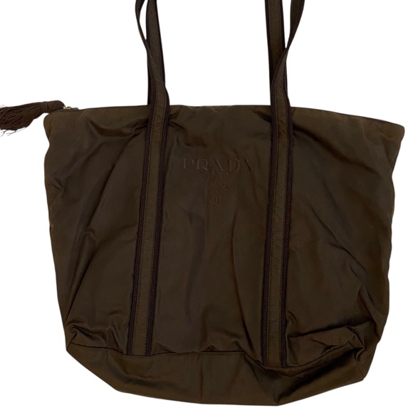 Prada Tessuto Nylon Zip Tote Bag – Chocolate Brown, Embroidered Logo + Tassel - Picture 9 of 15